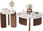 HOMPUS Modern Coffee Table Set of 2, Round Faux Marble Coffee Table and End Table Set, Farmhouse Living Room Table Set with Wooden Legs for Apartment, Small Space, Home Office
