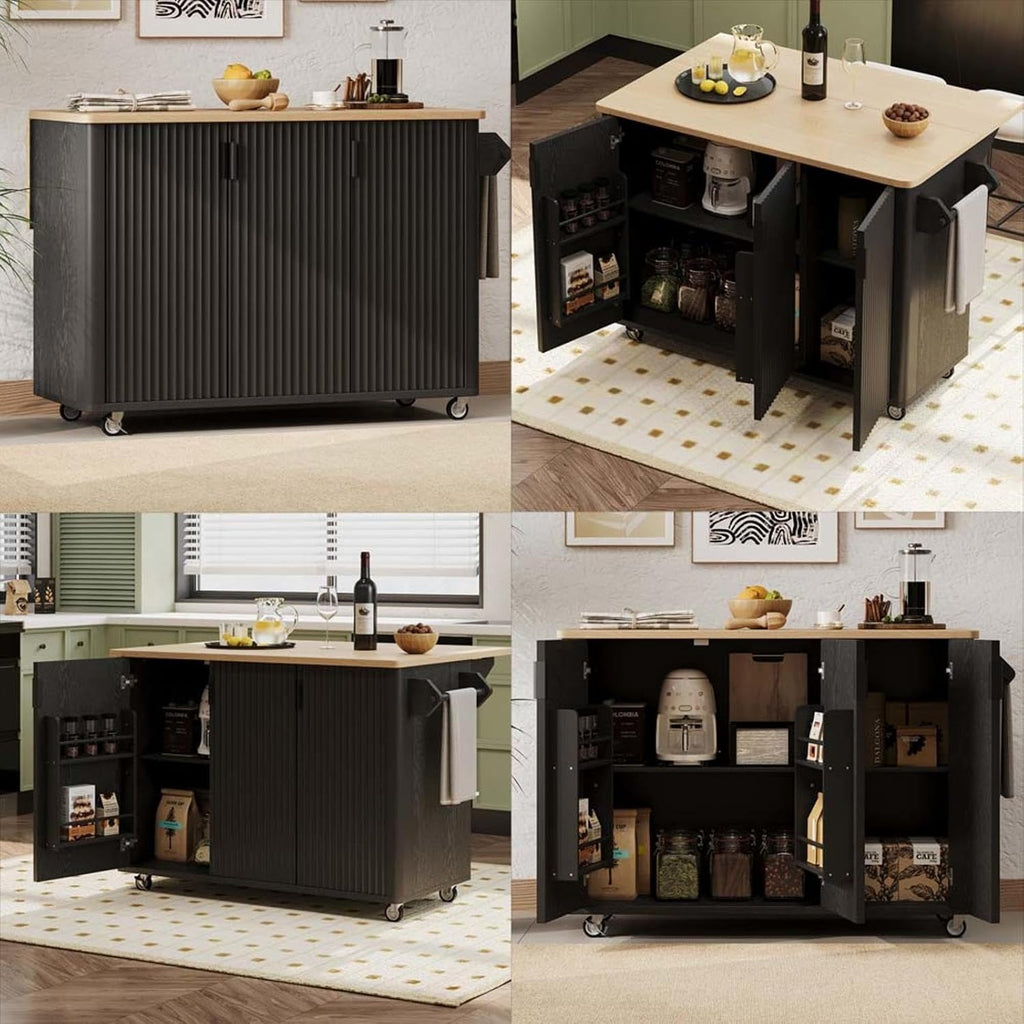 Narrow Kitchen Island with Drop Leaf Height-Adjustable Shelves, Island Table for Kitchen with Wheels Towel Rack， for Kitchen, Dining Room, Black