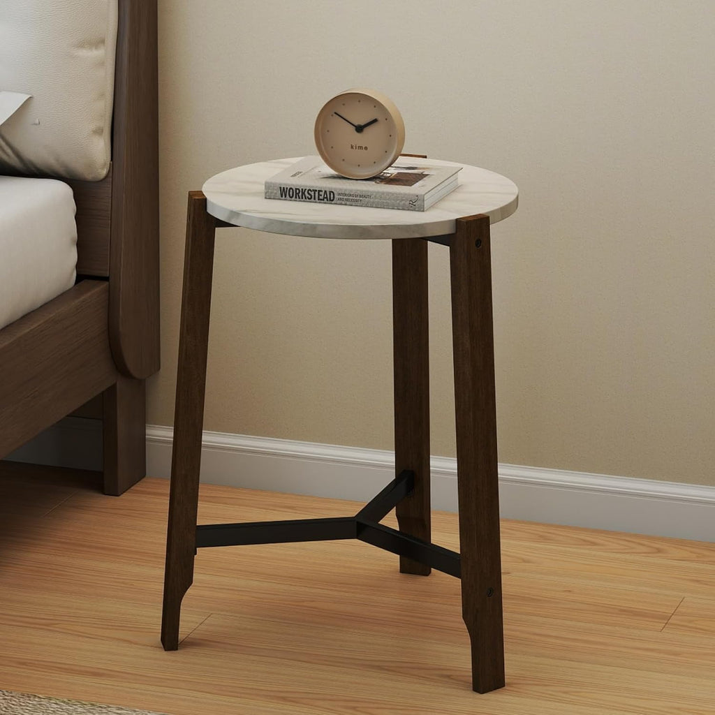 CIMOTA Round Side Table, 22.5" End Accent Table with Solid Wood Leg, White Marble Texture Tabletop, Metal Beam, Round Nightstand for Small Spaces/Living Room/Bedroom, White