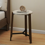CIMOTA Round Side Table, 22.5" End Accent Table with Solid Wood Leg, White Marble Texture Tabletop, Metal Beam, Round Nightstand for Small Spaces/Living Room/Bedroom, White