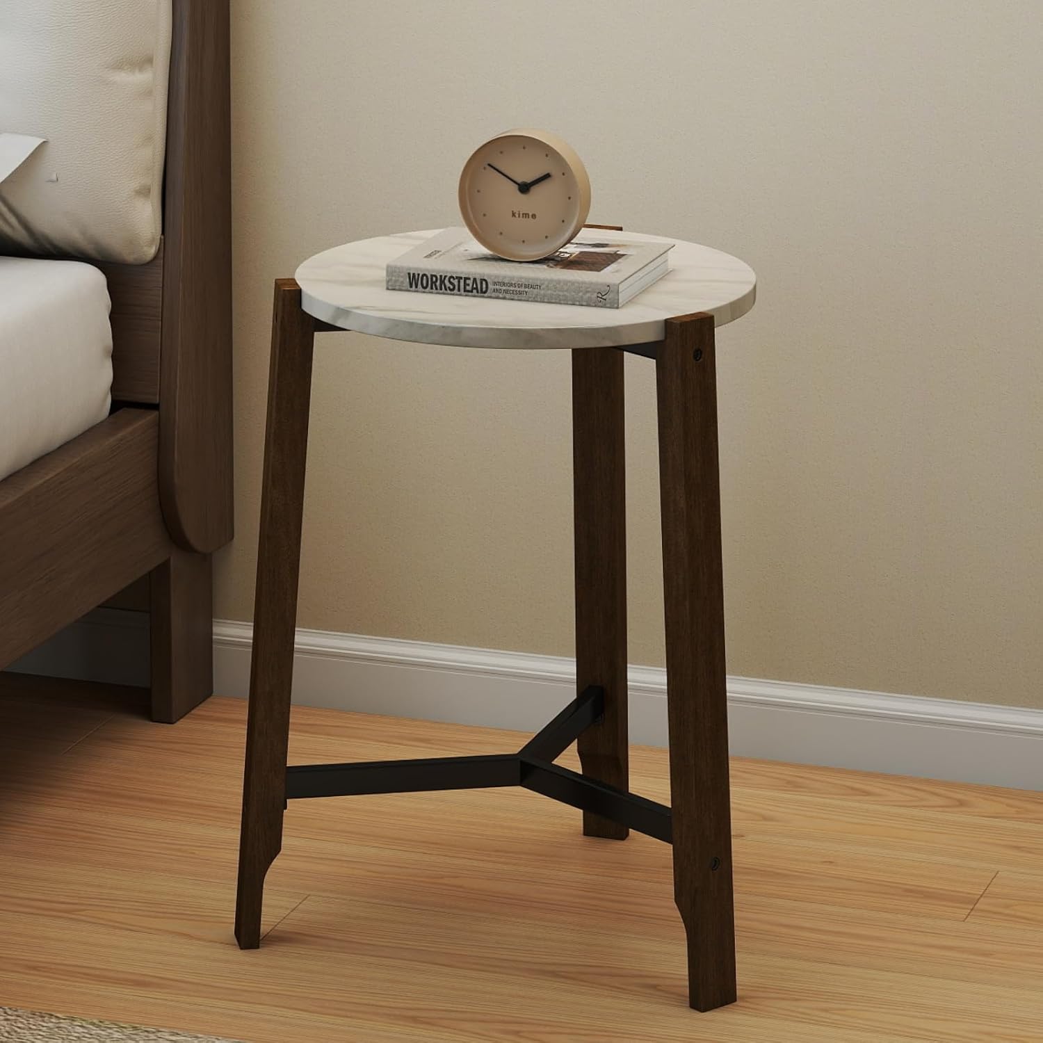 CIMOTA Round Side Table, 22.5" End Accent Table with Solid Wood Leg, White Marble Texture Tabletop, Metal Beam, Round Nightstand for Small Spaces/Living Room/Bedroom, White