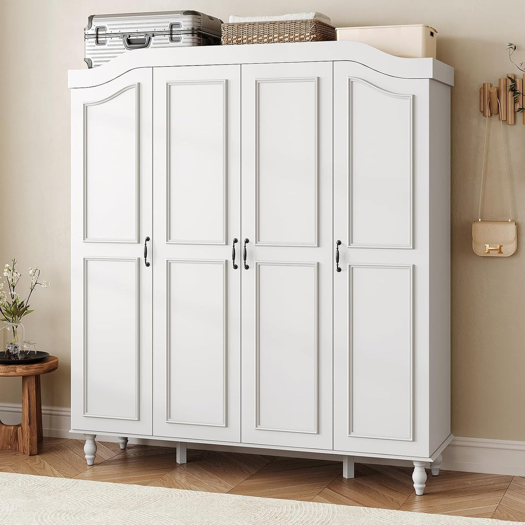 71" H Arched Armoire Wardrobe Closet with 4 Doors, Wooden, White | Large Capacity Wardrobe Cabinet with 2 Hanging Rods and 8 Shelves,Freestanding Armoire Storage Cabinet for Bedroom,Cloak Room