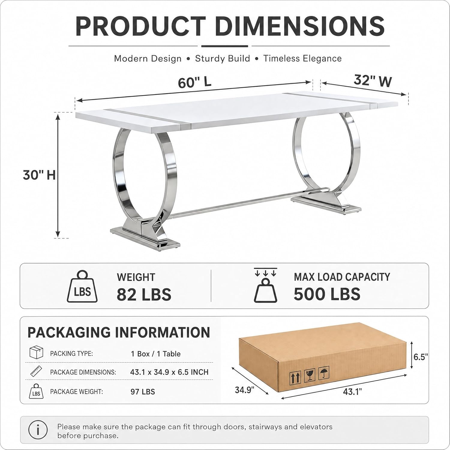 Asday 60" White and Silver Dining Table for 4-6, Modern Rectangle Wood Kitchen Table with Mirrored Chrome U-Shaped Metal Base for Dining Room, Kitchen, Dinner
