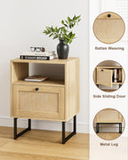 Masupu Extra Large Rattan Nightstand,Modern Boho Farmhouse Wood Bedside Table with Storage Drawer and Open Shelf, Black Frame Side End Table for Bedroom,Living Room,Office (Natural)
