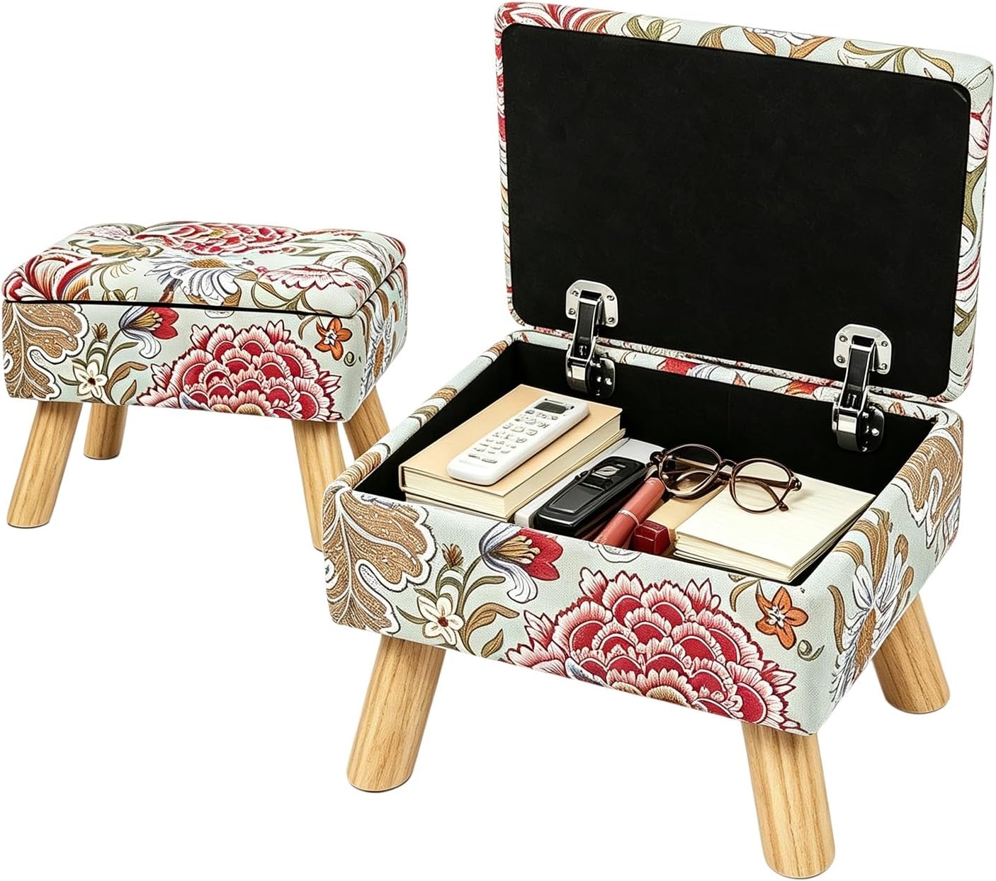 Small Storage Ottoman with Wood Legs, Boho Floral Upholstered Footrest | Hidden Storage Ottoman: Removable Lid Stores Blankets, Toys And Remotes; Doubles As A Footrest Stool