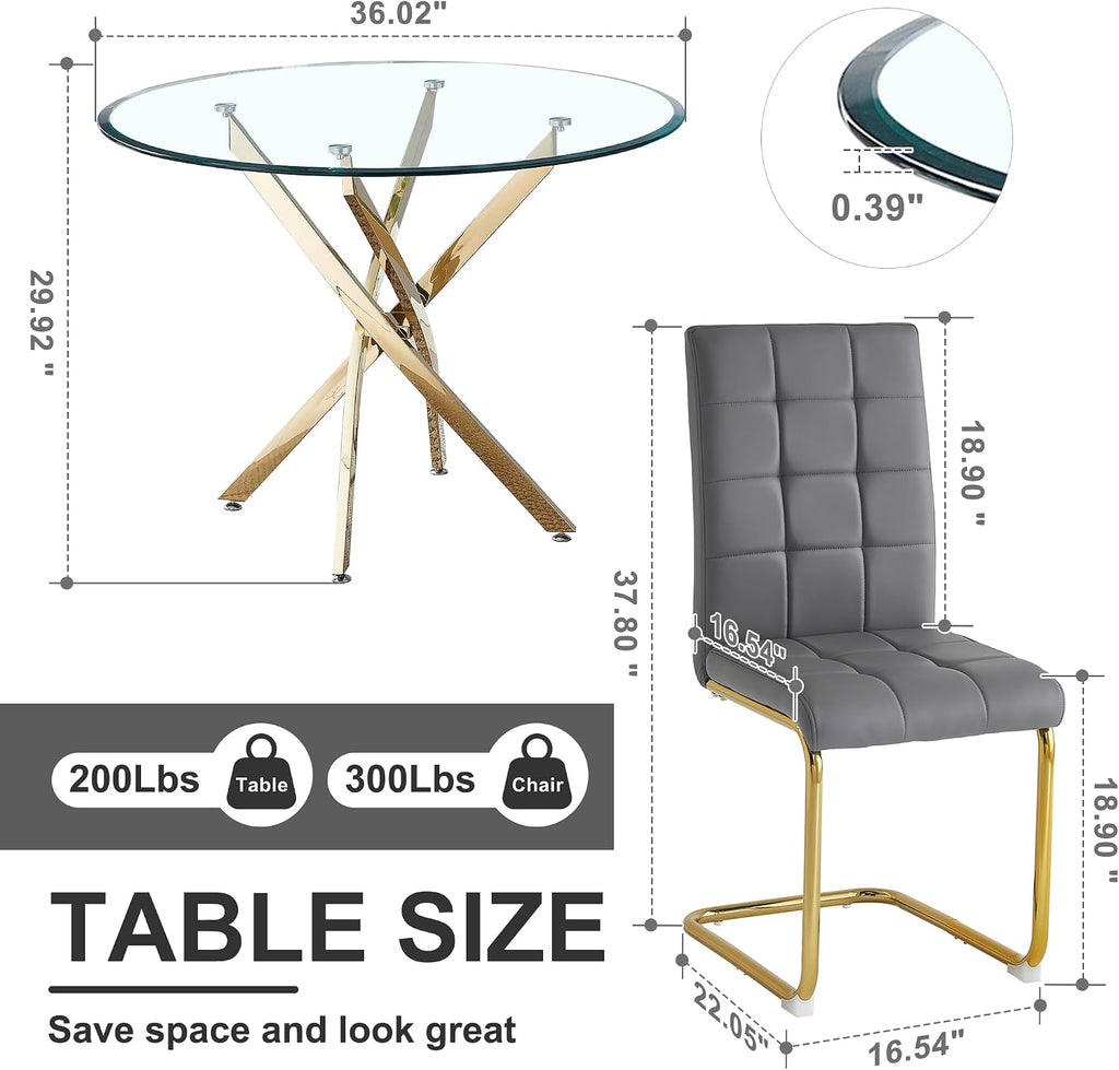 AF ARTISAN FURNITURE 5 Piece Round Glass Dining Table Set, Gold Glass Kitchen Table Set for 4 Modern Table Set with 4 Grey PU Upholstered Dining Chairs, for Small Space, Breakfast Nook