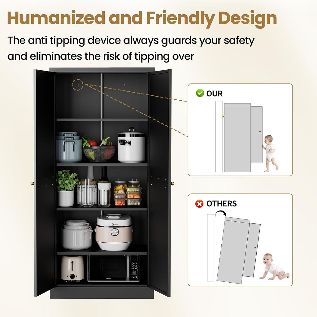 Kitchen Pantry Cabinet, 61" H Storage Cabinet with Doors and Adjustable Shelves, Spacious Cupboard with 2 Handles, Metal Kitchen Cabinet for Dining Room, Living Room,Black