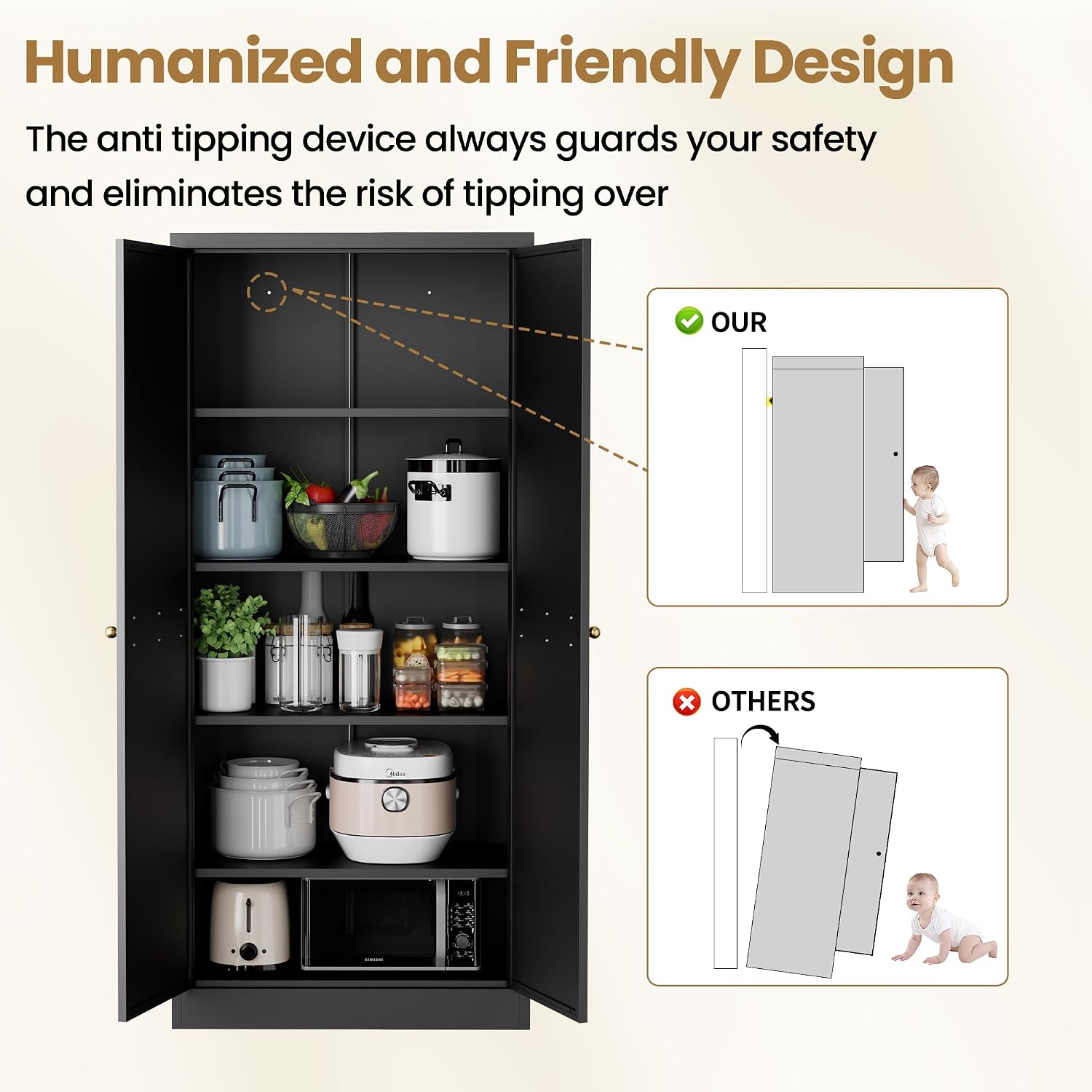 Kitchen Pantry Cabinet, 61" H Storage Cabinet with Doors and Adjustable Shelves, Spacious Cupboard with 2 Handles, Metal Kitchen Cabinet for Dining Room, Living Room,Black