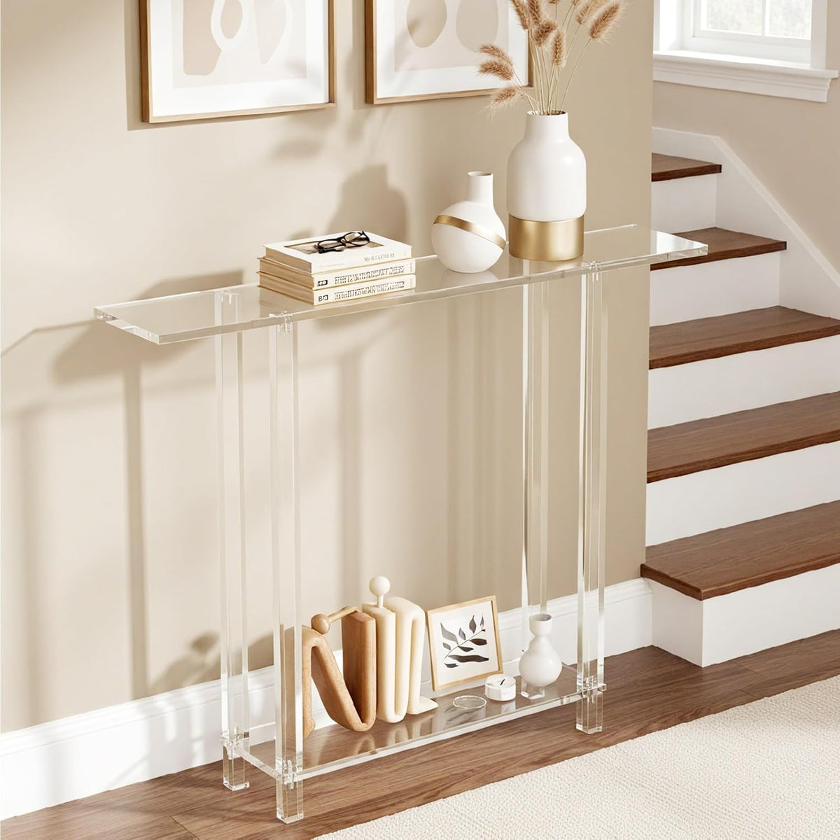 VEVOR Acrylic Narrow Console Table for Entryway, Clear Skinny Entry Side Table, 2-Tier Modern Transparent Sofa End Table, Square Legs, for Hallway, Foyer, Living Room, 7.6" D x 39.4" W x 31.5" H