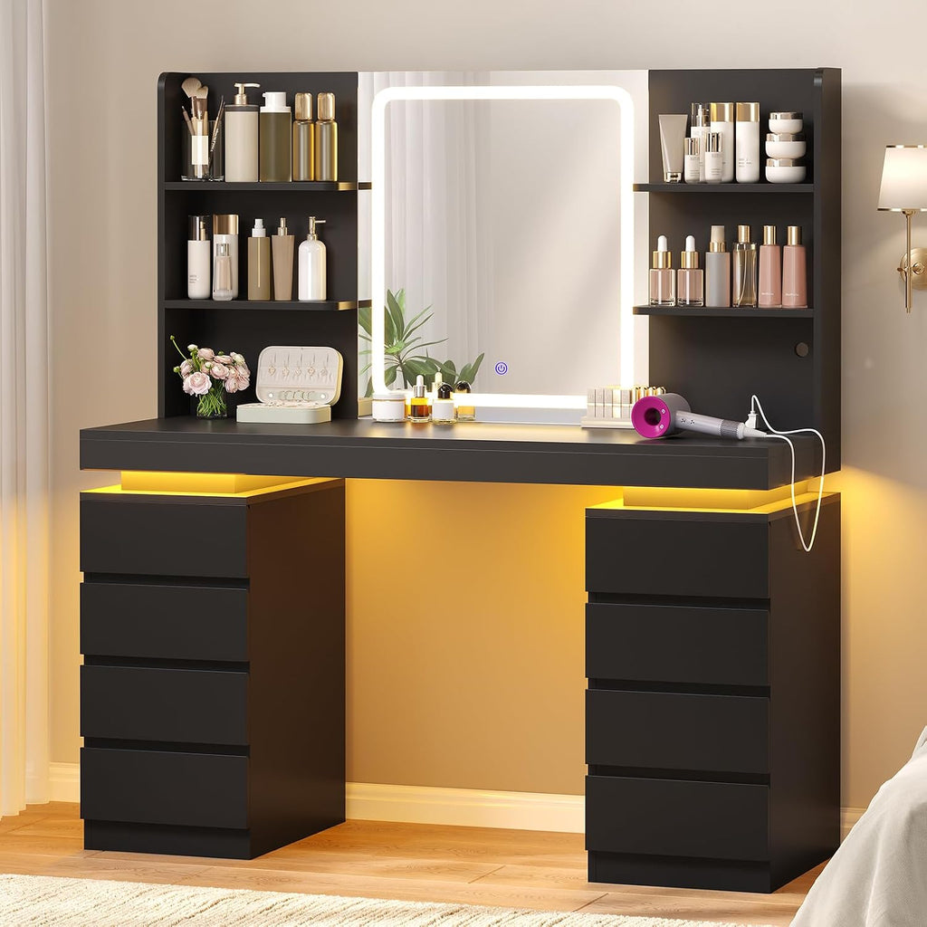 ADORNEVE Vanity Desk with Mirror & Lights, 8 Drawers Black | Built-in Charging Station, Large Makeup Vanity with RGB Lights Floating Desk, for Women Girls Bedroom