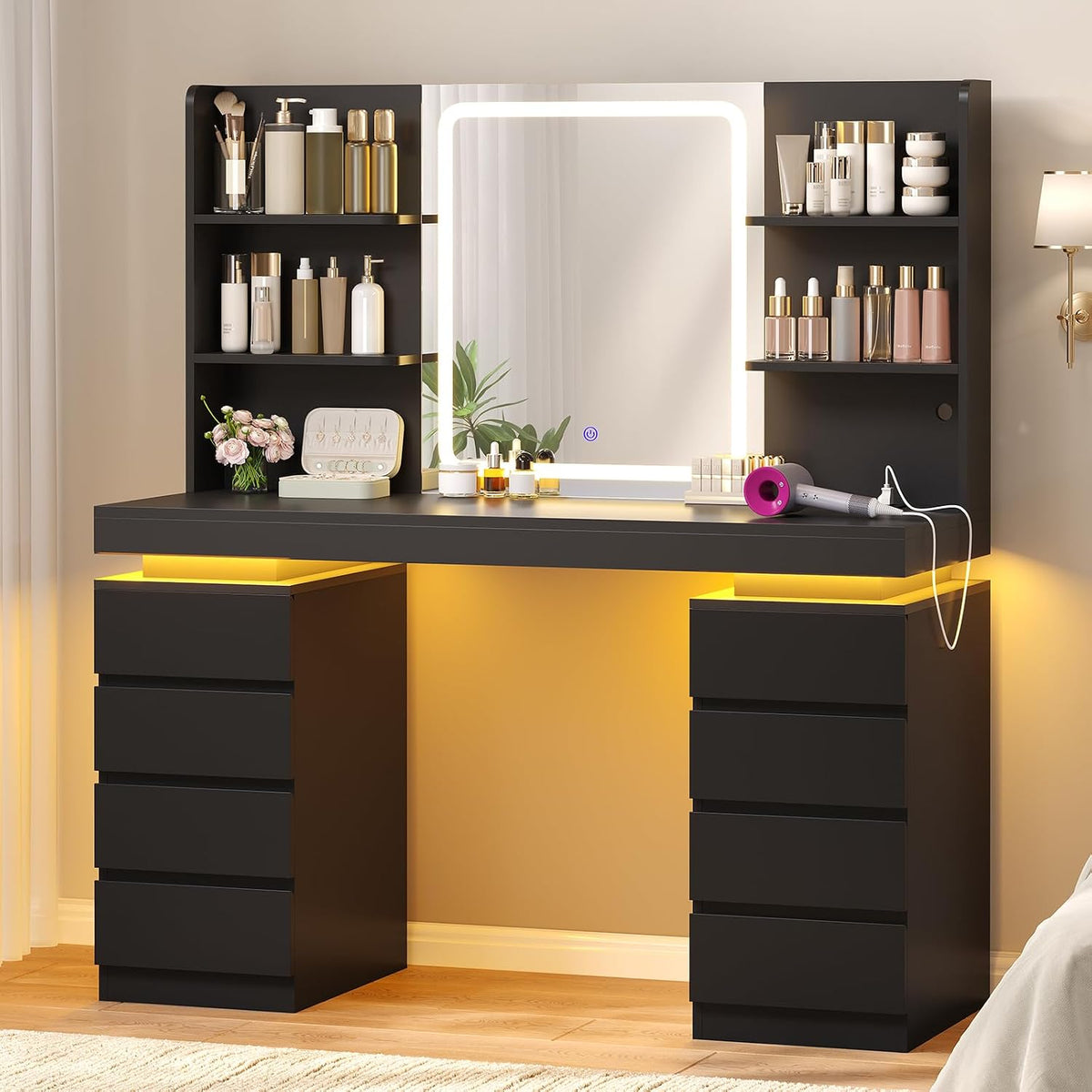 ADORNEVE Vanity Desk with Mirror & Lights, 8 Drawers Black | Built-in Charging Station, Large Makeup Vanity with RGB Lights Floating Desk, for Women Girls Bedroom