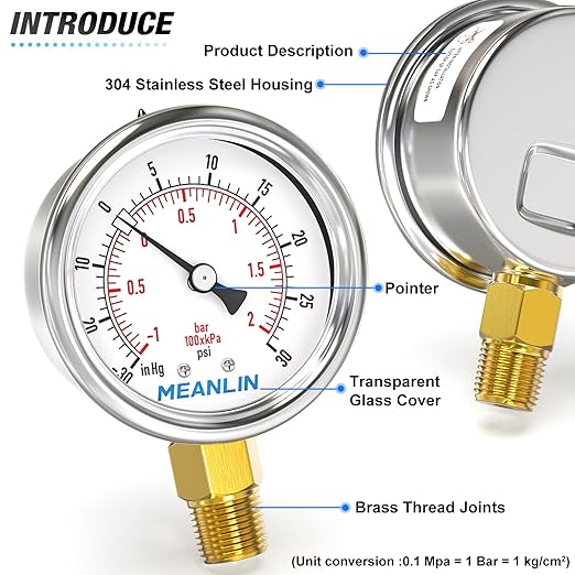 MEANLIN MEASURE -30inHG~30Psi Vacuum Gauge Stainless Steel 1/4" NPT 2" FACE DIAL Waterproof for Air Compressor HVAC Negative Pressure Hand Pump Pool Lower Mount, with 1/2" NPT and 3/8" NPT Hex Bushing