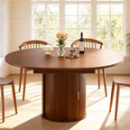 Extendable Round Dining Table: 47″–63″ Kitchen Table for 4 6 8 with Dust-Proof 2-Tier Storage Shelf Space Saving, Modern Farmhouse Expandable Wood Oval Circle Dinner Furniture with Pedestal Base
