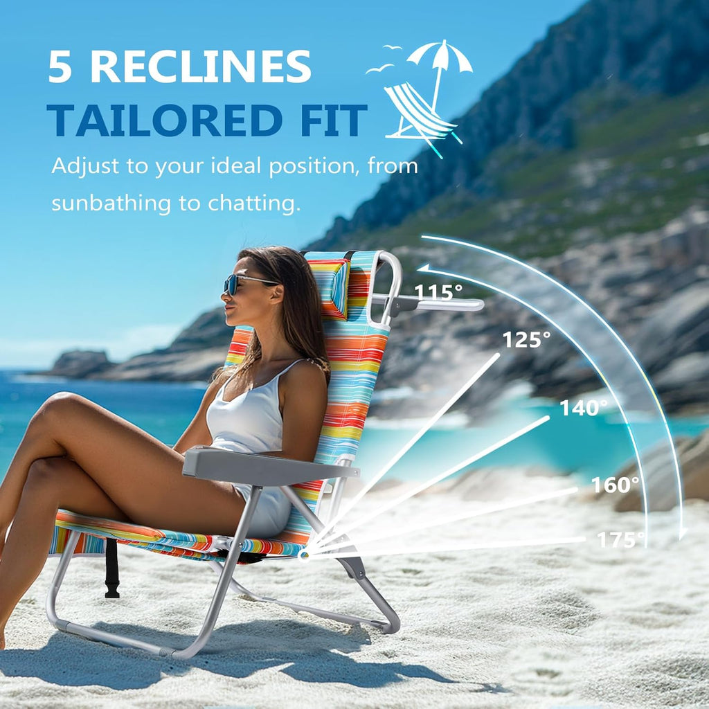 PASAMIC Backpack Beach Chairs for Adults 2 Pack Portable, Lay Flat Reclining Beach Chairs with 5 Positions, Tall Heavy Duty Folding Chair with Cup Holder, Cooler Pouch, Towel Bar, Multicolor Stripe