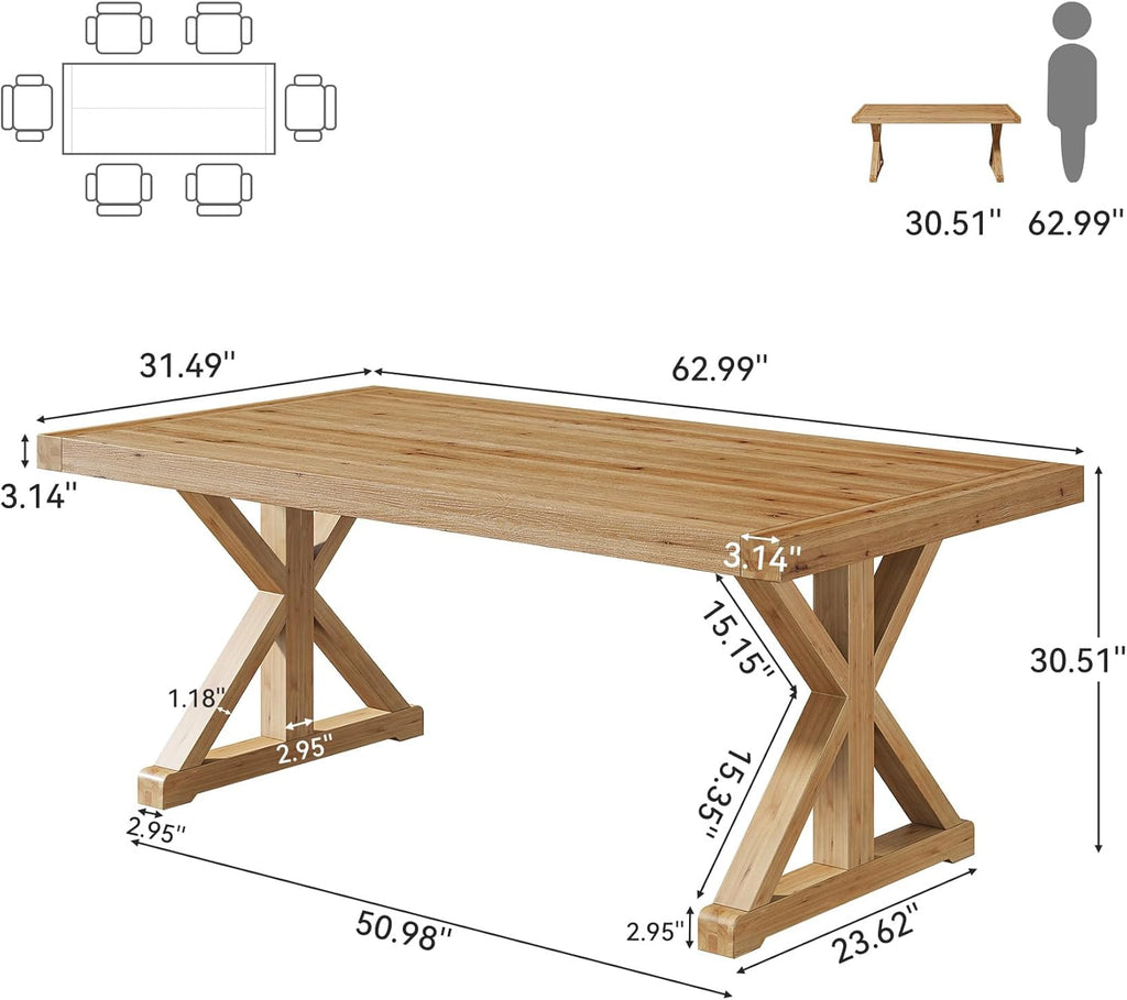 Solid Wood Dining Table for 4-6, 63-Inch Farmhouse Kitchen Table with Sturdy Legs, Wooden Rectangular Dinner Furniture for Kitchen, Dining Room, Light Brown