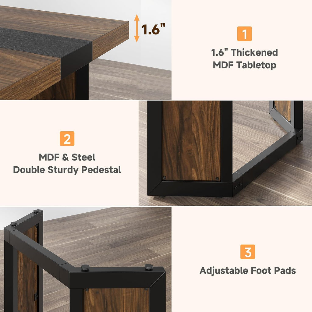 Industrial Dining Table for 6-8 People, 71" Large Long Wooden Kitchen Table with Sturdy Metal Frame & Brown Finish, Rustic Style Rectangular Dinner Table for Dining Room, Kitchen (Reddish Brown )