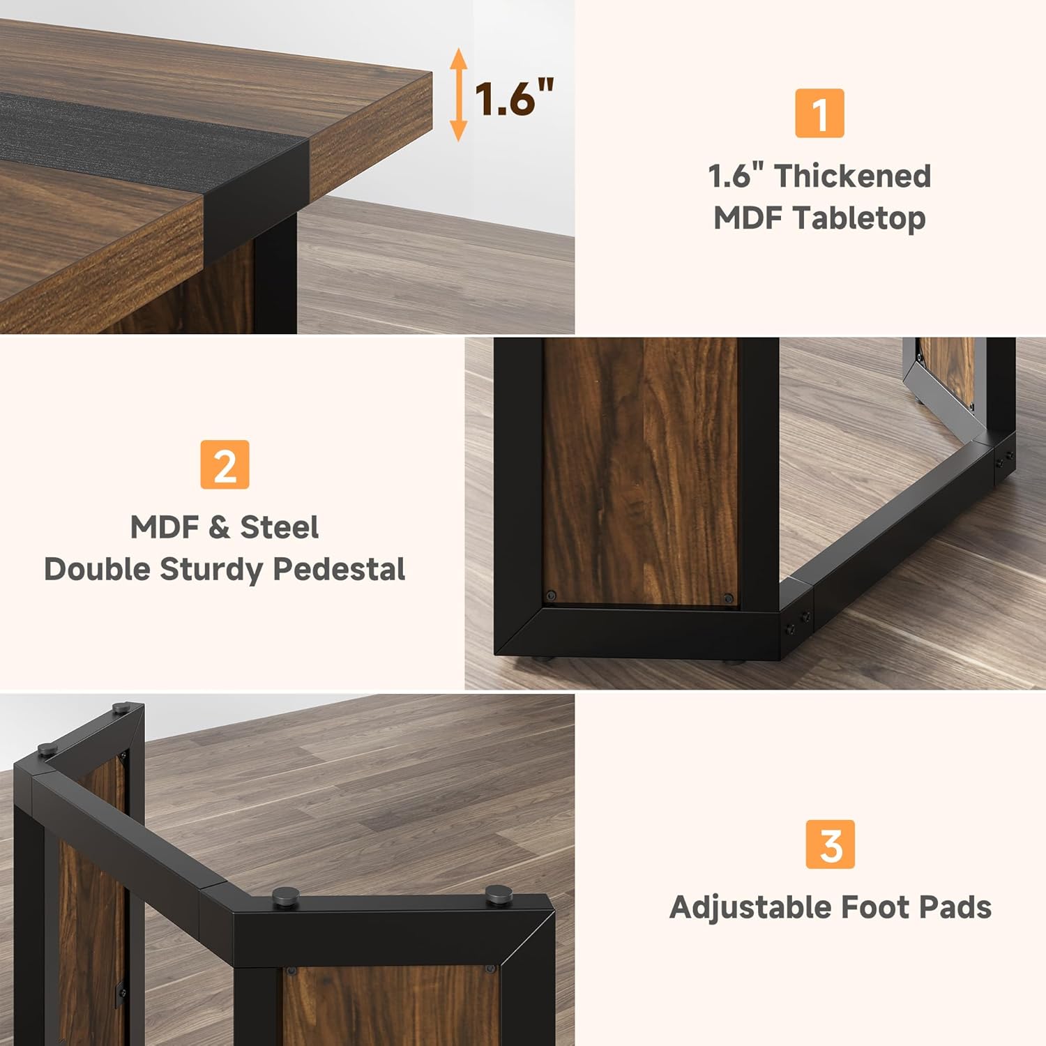 knoworld Rectangular Industrial Dining Room Table for 8 People, 71" Long Wood Kitchen Table with Strong Metal Frame, Large Dinner Room Table for Big Family, Restaurant, Party, Reddish Brown