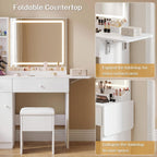 FUXA Vanity Desk with Lighted Mirror, Charging Station and Chair, White | Storage Drawers, Cabinet, Shelves, 3 Light Modes, Foldable Top, Easy-Clean, for Bedroom