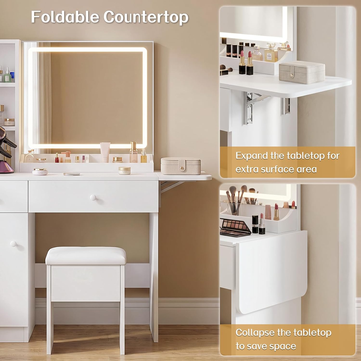 FUXA Vanity Desk with Lighted Mirror, Charging Station and Chair, White | Storage Drawers, Cabinet, Shelves, 3 Light Modes, Foldable Top, Easy-Clean, for Bedroom