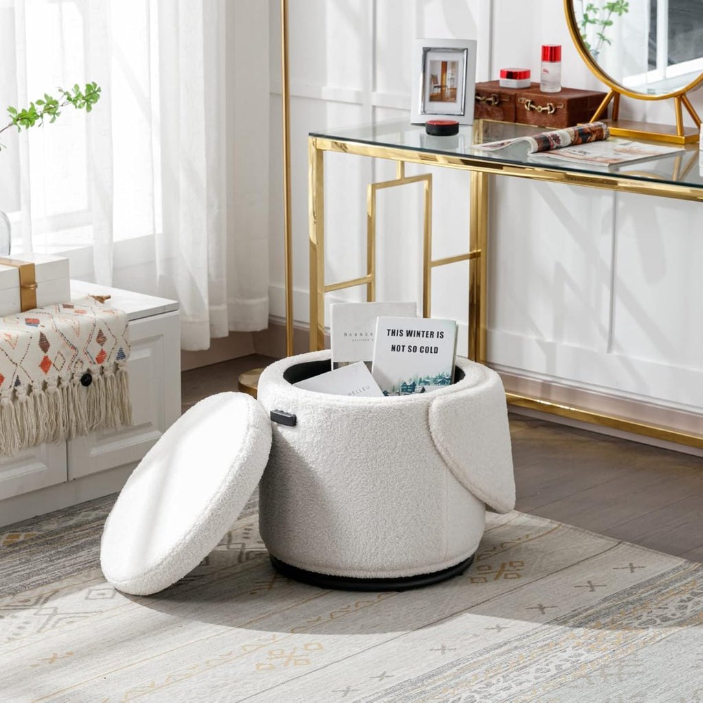 Ya-Home Modern Swivel Ottoman Vanity Chair, Sherpa Upholstered Barrel Club Chairs 360°Degree Swivel Side Chair with Storage, Comfy Makeup Stool for Bedroom Living Room, White