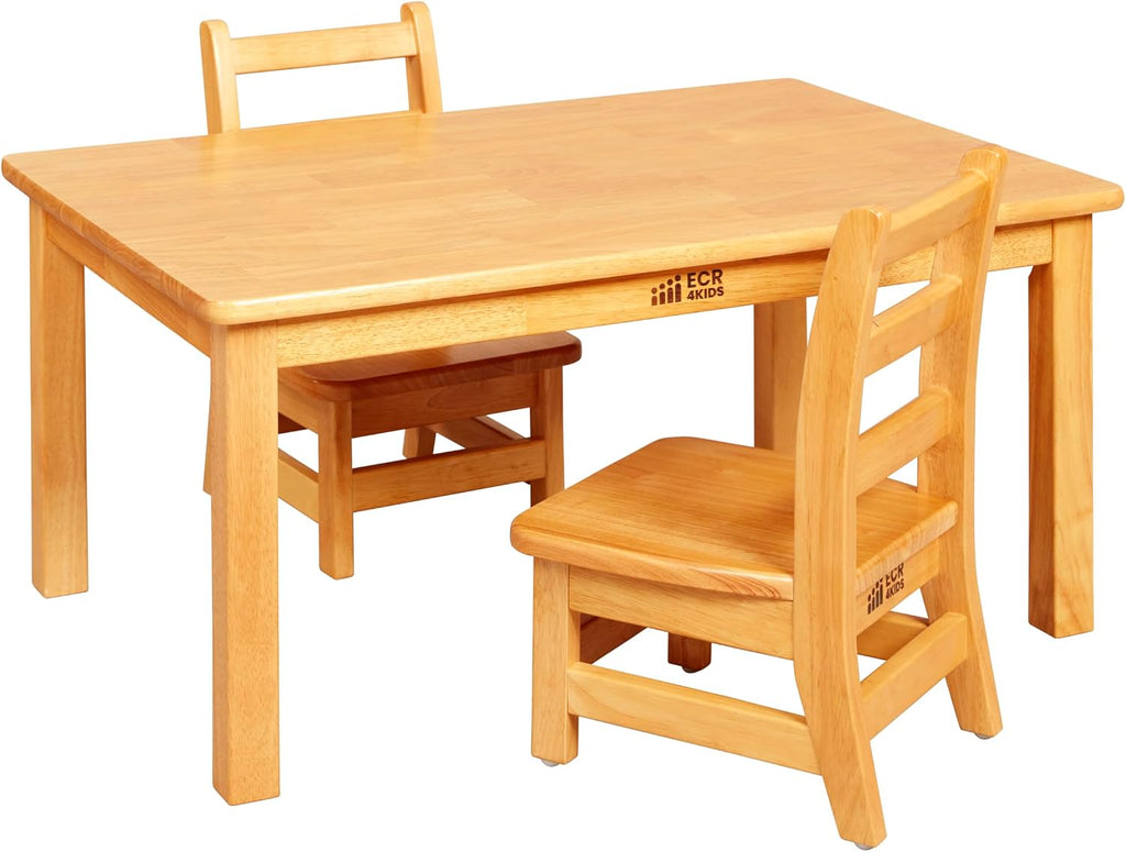 ECR4Kids 24in x 36in Rectangular Hardwood Table with 16in Legs and Two 8in Chairs, Kids Furniture, Honey, 3-Piece | Durable rubberwood, GREENGUARD Gold Certified, ANSI/BIFMA Compliant, 2-3 years, 74 lb seat capacity, classroom & home use