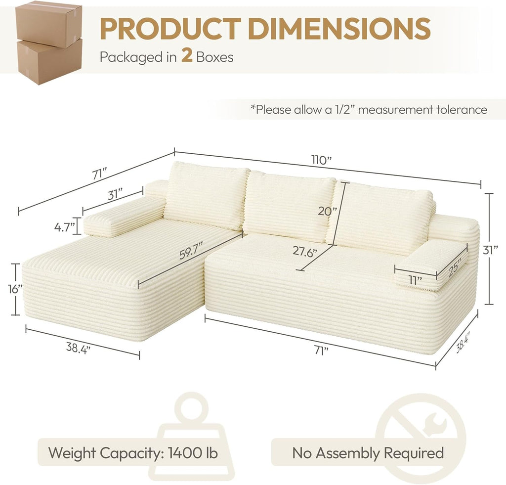 Yaheetech 110" Sectional Sofa Couch with Chaise, Beige | Sectional Sofa Cloud Couch Corduroy Modular L-Shape Couch No Assembly Sofa with Detachable Pillow for Living Room Guest Room