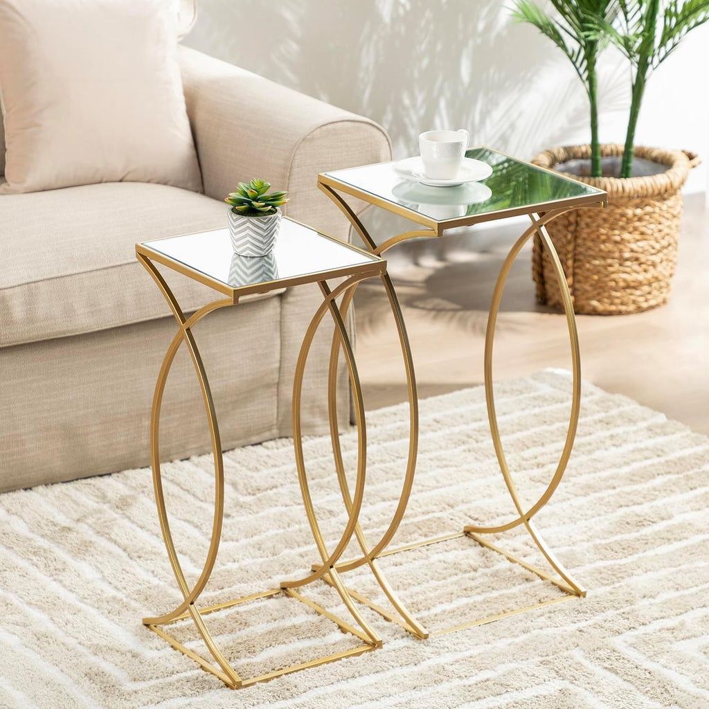Glitzhome Nesting Side Tables, Set of 2 End Tables with Metal Frame & Tempered Glass Top, Coffee Tables Decorative Accent Tables for Bedroom, Living Room, Home Office - Golden