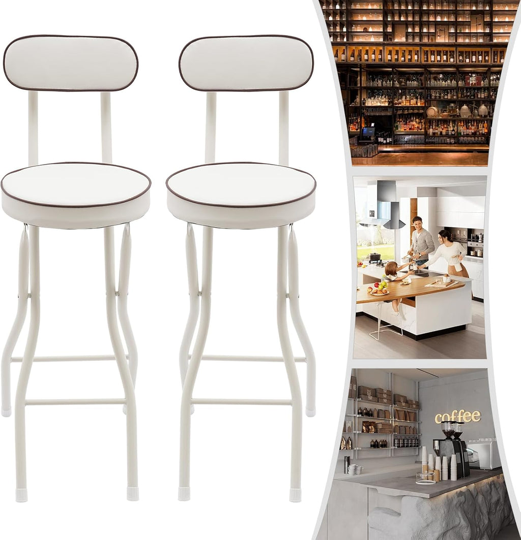Folding Bar Stool with Backrest, Set of 2 Tall Cushioned Seats, 25.6 Inch Portable Collapsible Counter Height Chairs for Kitchen Island, Cafe, Dining Room