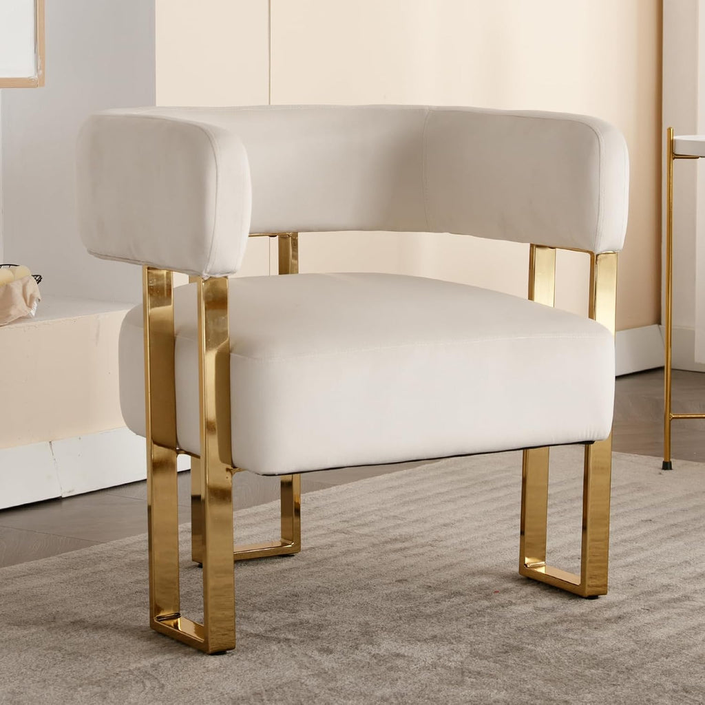 Barrel Accent Chair Set of 2 with Metal Frame Legs, Modern Velvet Living Room Chairs, Mid Century Upholstered Single Lounge Sofa Armchair for Living Room/Bedroom/Reading Room, Beige