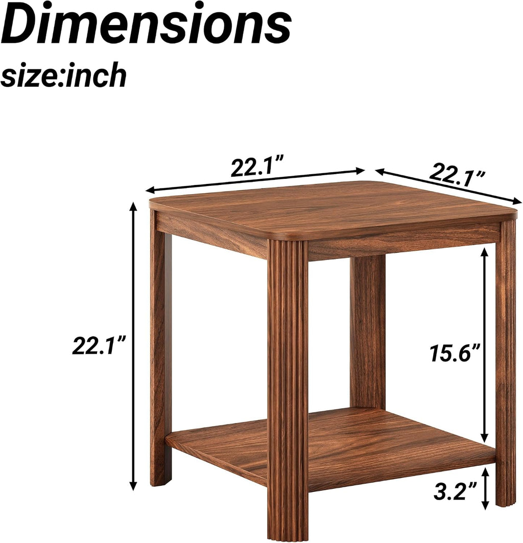Boho Wave Engineered Wood End Table with 2-Tier Open Storage Shelf, Sturdy Load-Bearing Structure and Safety Rounded Corner Design(Walnut)