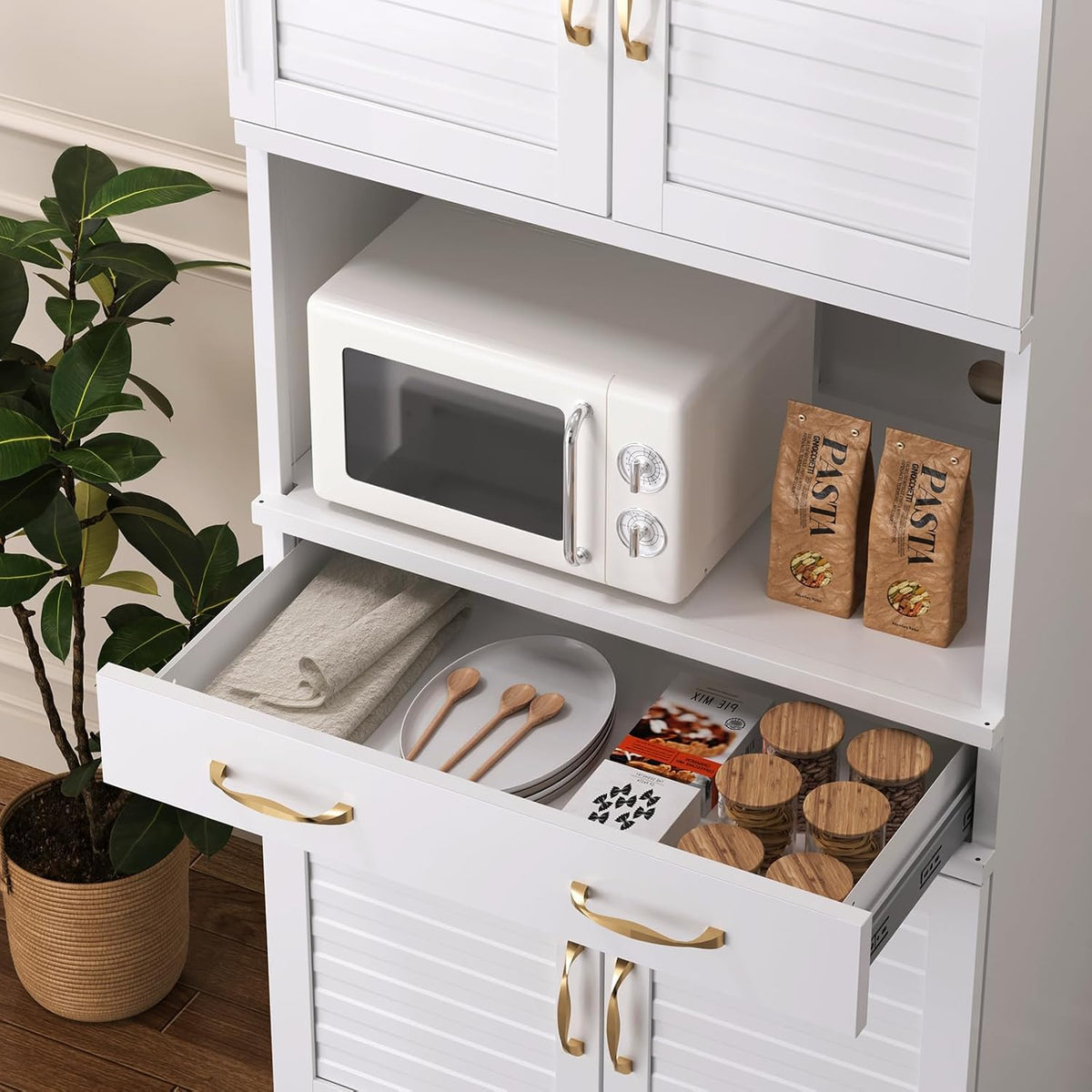 Tall Metal Pantry Cabinet with countertop & Drawer | Elegant Louvered Door Design with Modern Appeal,120 lb Adjustable Shelves with Steel Durability