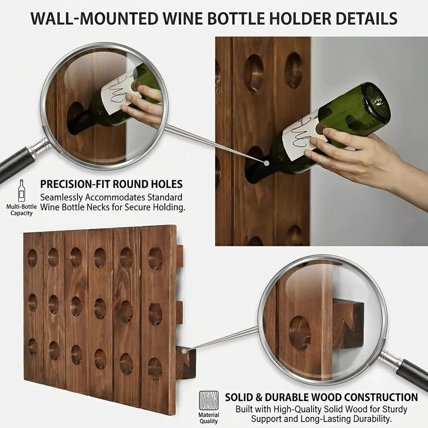 Wall Mounted Wine Riddling Rack,Wall Mounted Wine Rack Solid Wood Storage Organizer Vertical Display Stand for Kitchen Dining Room Bar Rustic Home Decor Space Saving Design(2 * 8, Brown)