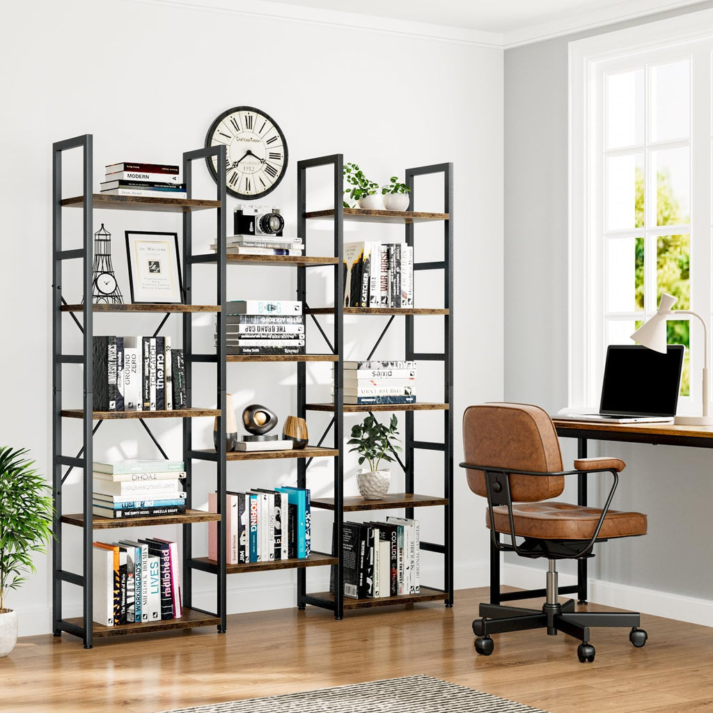 NUMENN Triple Column 5 Tier Bookshelf with 14 Adjustable Shelves, Vintage | Metal Frame & Wood Shelves, Open Freestanding Storage Unit with Supporting Bars for Bedroom, Living Room and Home Office