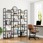 NUMENN Triple Column 5 Tier Bookshelf with 14 Adjustable Shelves, Vintage | Metal Frame & Wood Shelves, Open Freestanding Storage Unit with Supporting Bars for Bedroom, Living Room and Home Office