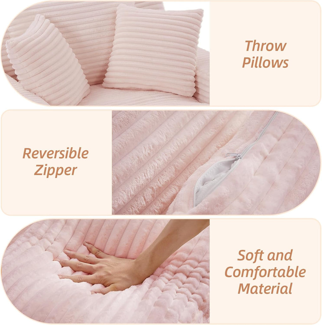 Oversized Chaise Lounge Chair Indoor Bedroom, Comfy Corduroy Upholstered Sofa Bed Chair, Deep Seat Single Sofa Couch, No Assembly Required Sleeper Chair Sofa for Living Room (Light Pink)