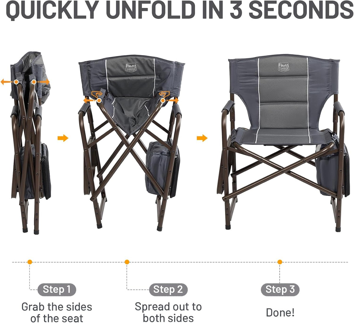 TIMBER RIDGE Lightweight Camping Chair, Portable Laurel Director's Chair with Foldable Side Table, Cooler Bag & Mesh Pocket, Compact Outdoor Folding Lawn Chair, Supports 300lbs, Grey