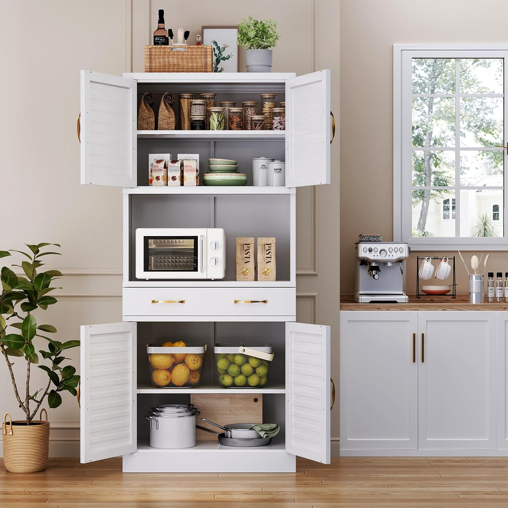 Tall Metal Pantry Cabinet with countertop & Drawer | Elegant Louvered Door Design with Modern Appeal,120 lb Adjustable Shelves with Steel Durability