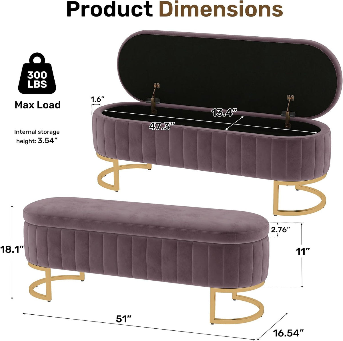 51" Velvet Storage Ottoman Bench End of Bed for Bedroom Entryway Purple | Velvet Large Storage Solid Wood with Metal Leg 300 lbs Weight