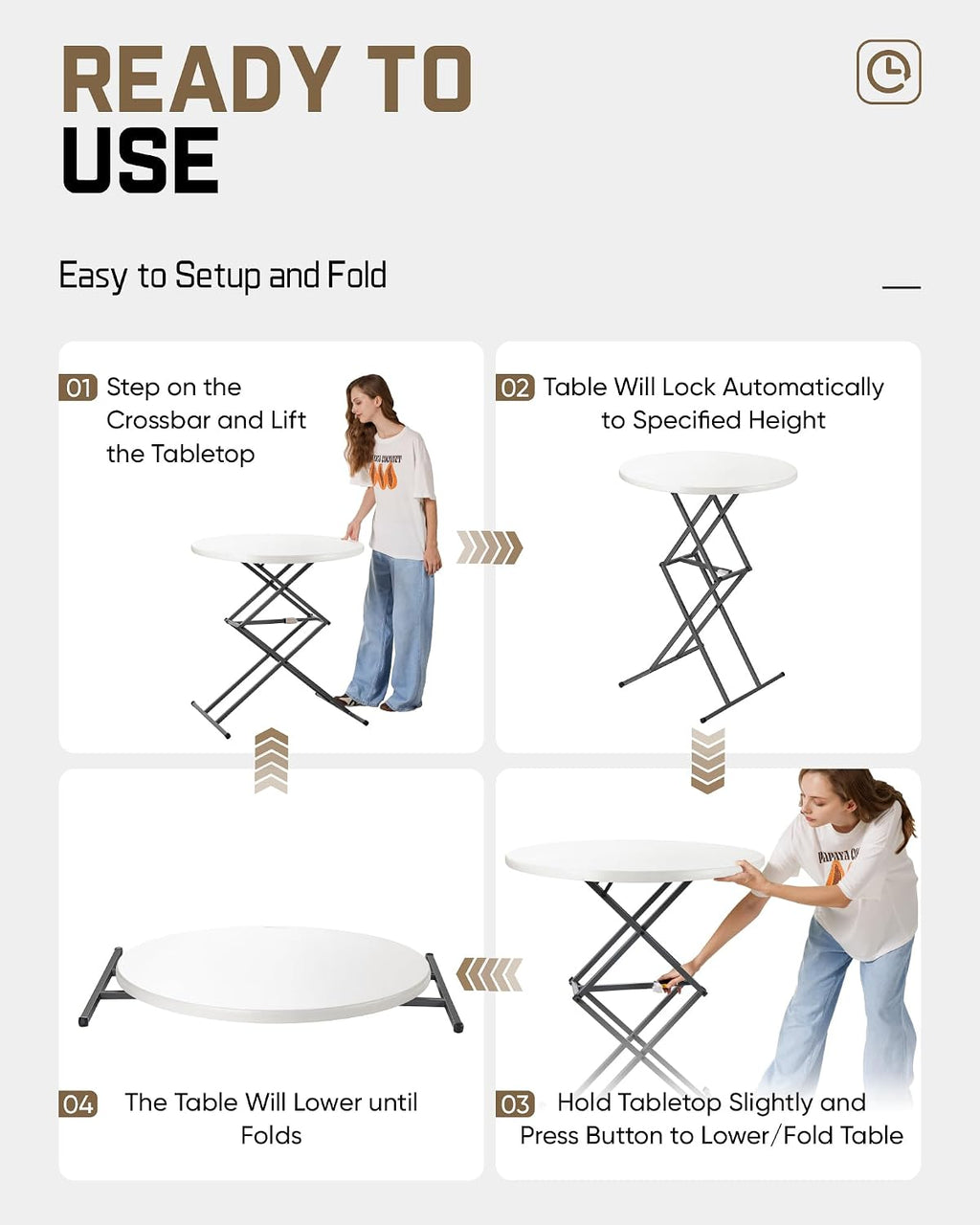 FanttikOutdoor Folding Table Round 32" Quick Adjust 4 Heights Party, Patio | One-Handed Adjustable Tall Bistro Foldable Bar Height Table, Cocktail, Backyard, Dining, Wedding, White Zeta O3 Pro