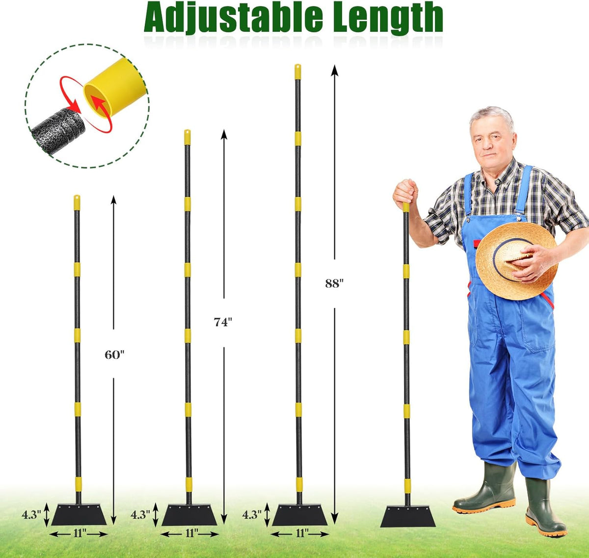 Heavy-Duty Garden Shovel 60inch All-Season Outdoor Tool with 4.3" Wide Blade, Rust-Proof Steel & Ergonomic Handle for Seniors (Weed Removal, Snow Scraper, Moss Cleaner)