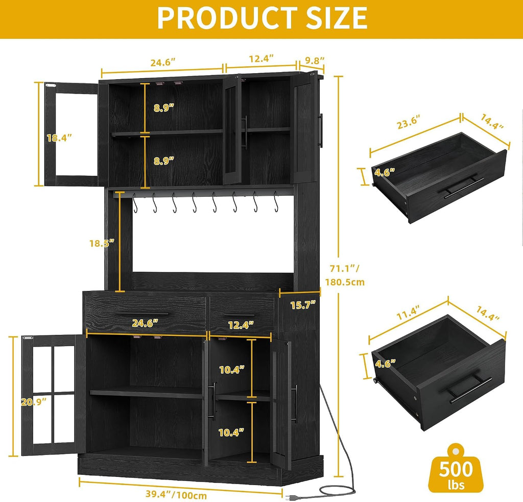 DWVO Kitchen Pantry Storage Cabinet with Microwave Stand, 71'' Tall Kitchen Hutch Cabinets with Power Outlet, Modern Food Pantry Hutch with Drawers ＆ Shelves for Home, Pack of 1, Black | 71" Tall Kitchen Hutch Cabinets with Power Outlet, Modern Food