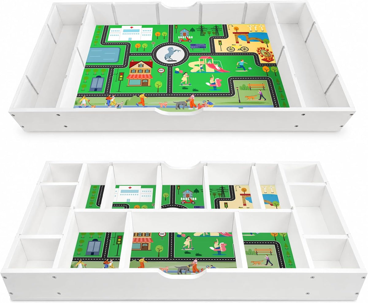 Kids Activity Table, 3-in-1 Block Table with Whiteboard and Storage | 3-in-1 Block, Whiteboard And Road Map Table With 11 Storage Dividers, Removable Wheels And 5.7-Inch Low Profile