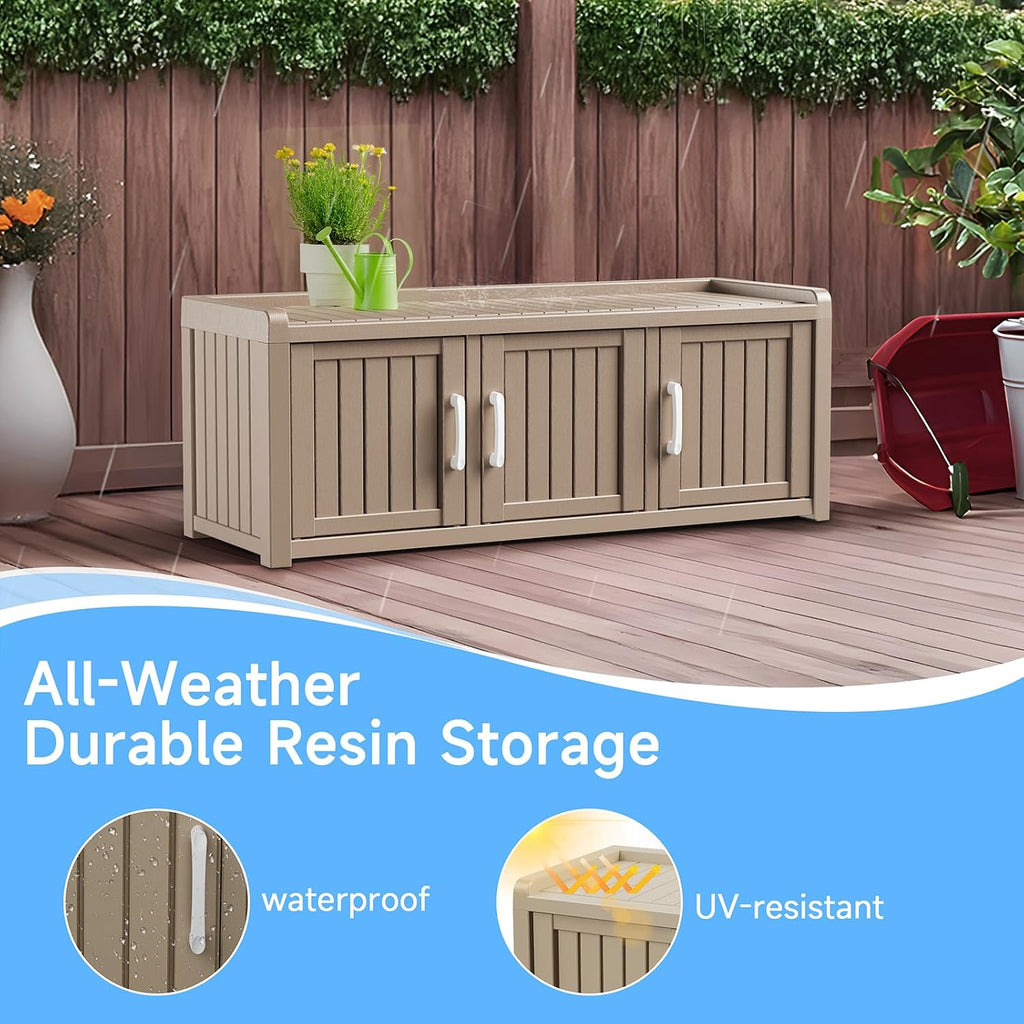 3 Doors Shoe Bench, Waterproof & UV-Resistant, Resin Shoe Cabinet Indoor & Outdoor Use, Entryway Bench with Adjustable Shelves & Hidden Storage Space for Bedroom, Hallway, Grey