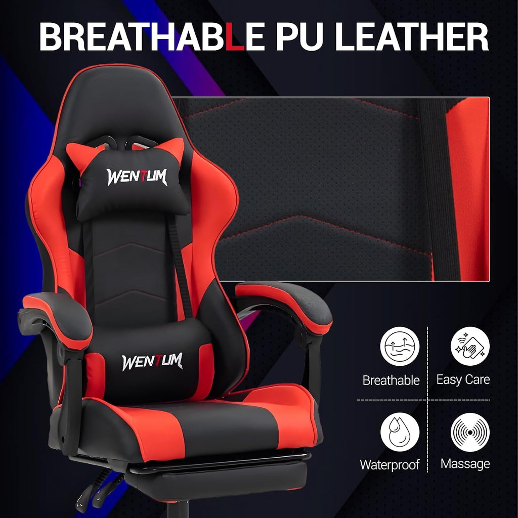 Gaming Chair with Footrest for Adults, PU Leather Massage Racing Video Game Chair w/Lumbar Support for Men Women, Ergonomic Computer Gamer Chair for Home Office, Height Adjustable, Red