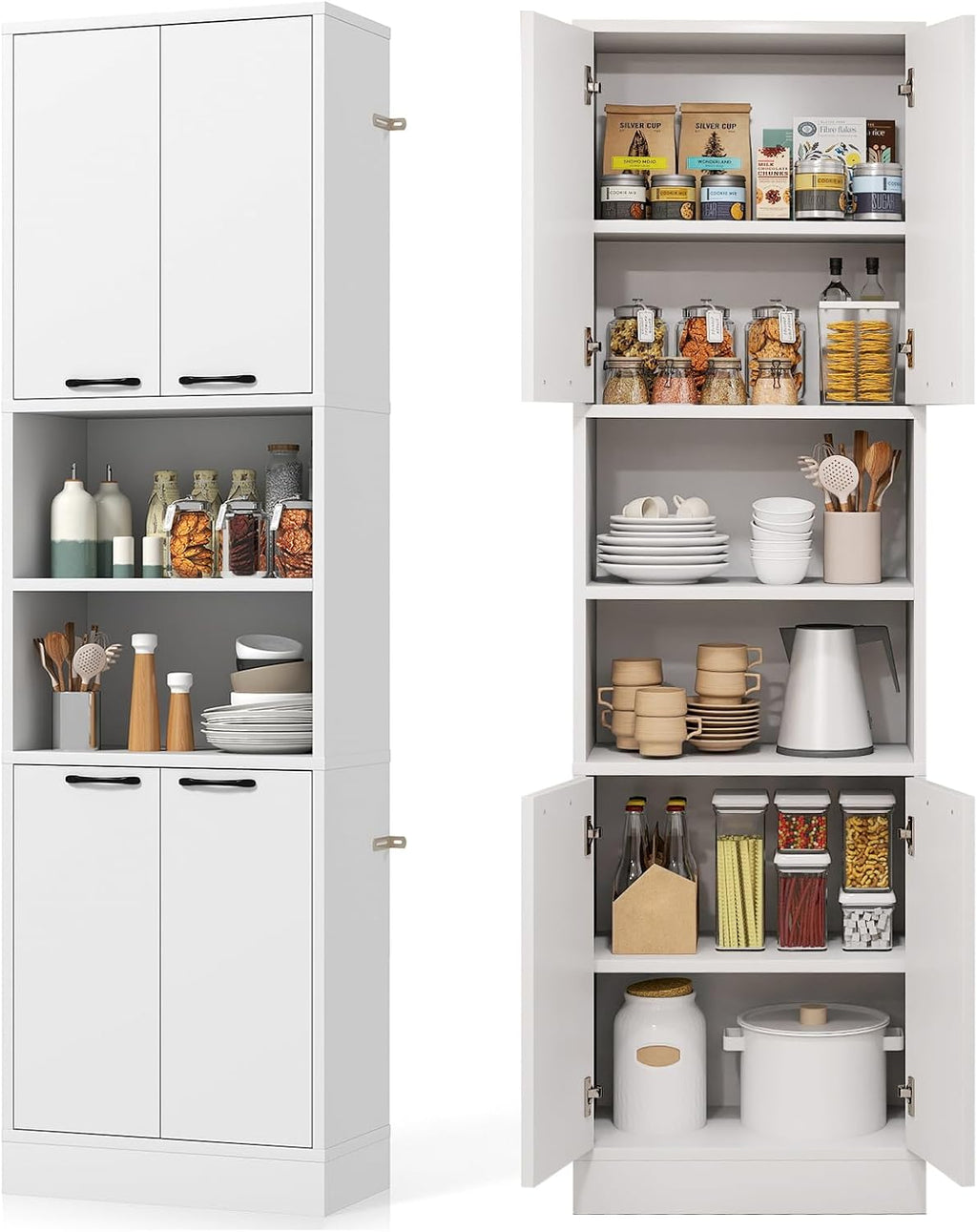 POWERSTONE Wood Kitchen Pantry Cabinet, 75" Tall Bathroom Storage Cupboard with 4 Doors & Shelves, Slim Freestanding Utility Hutch for Dining Room, Living Room, Bathroom White