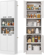 POWERSTONE Wood Kitchen Pantry Cabinet, 75" Tall Bathroom Storage Cupboard with 4 Doors & Shelves, Slim Freestanding Utility Hutch for Dining Room, Living Room, Bathroom White