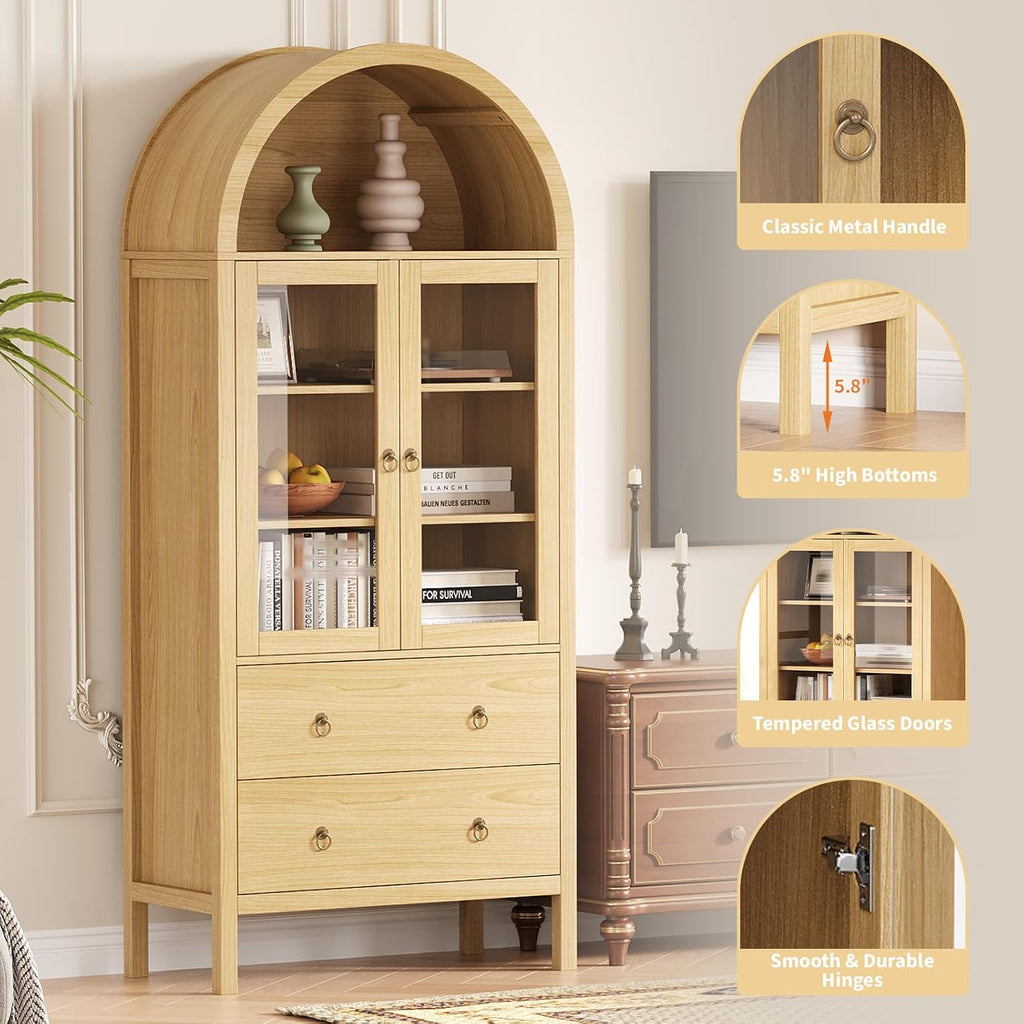 71" Display Arched Storage Cabinet, Kitchen Pantry with Tempered Glass Doors, 2 Large Drawers and Adjustable Shelves, Arched Bookshelf Cabinet for Dining Room Kitchen Office- Natural