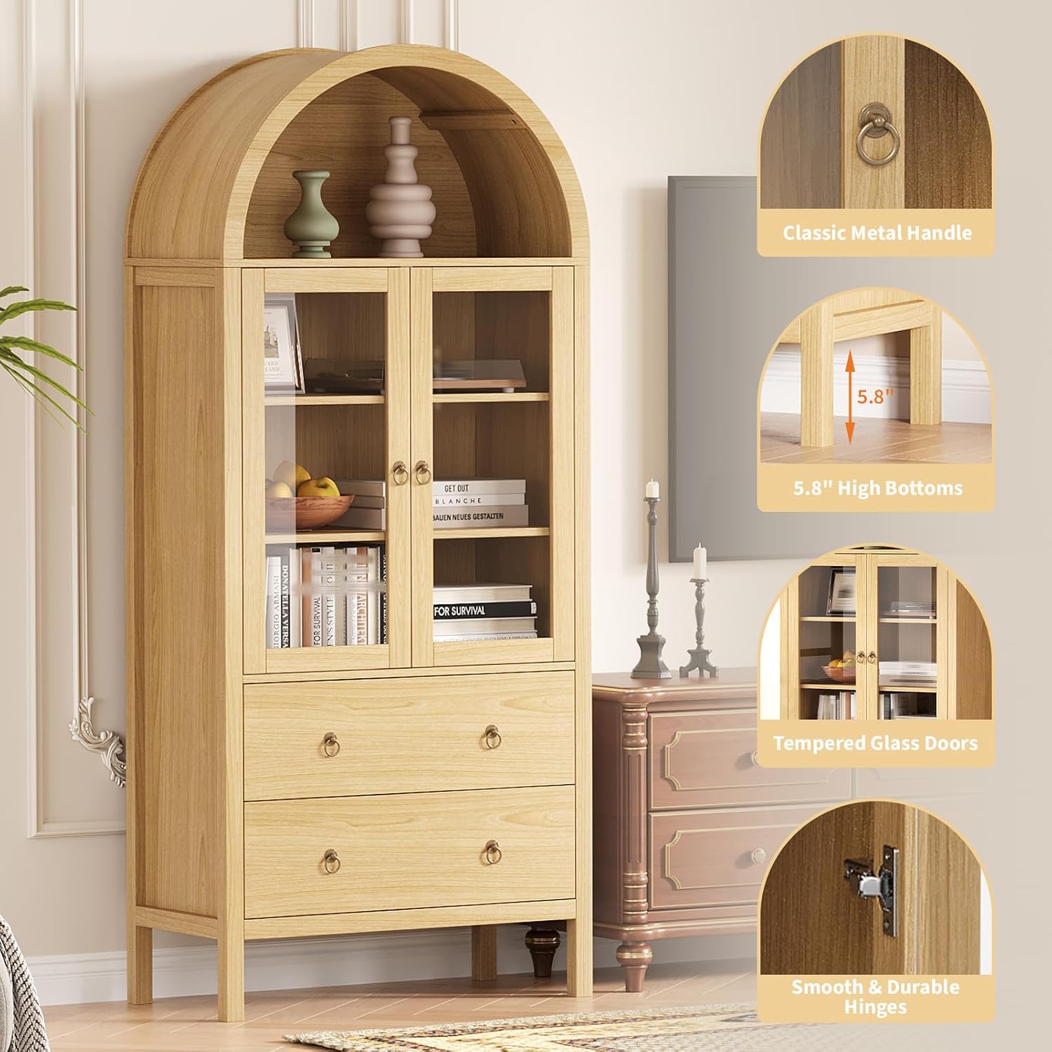 71" Display Arched Storage Cabinet, Kitchen Pantry with Tempered Glass Doors, 2 Large Drawers and Adjustable Shelves, Arched Bookshelf Cabinet for Dining Room Kitchen Office- Natural