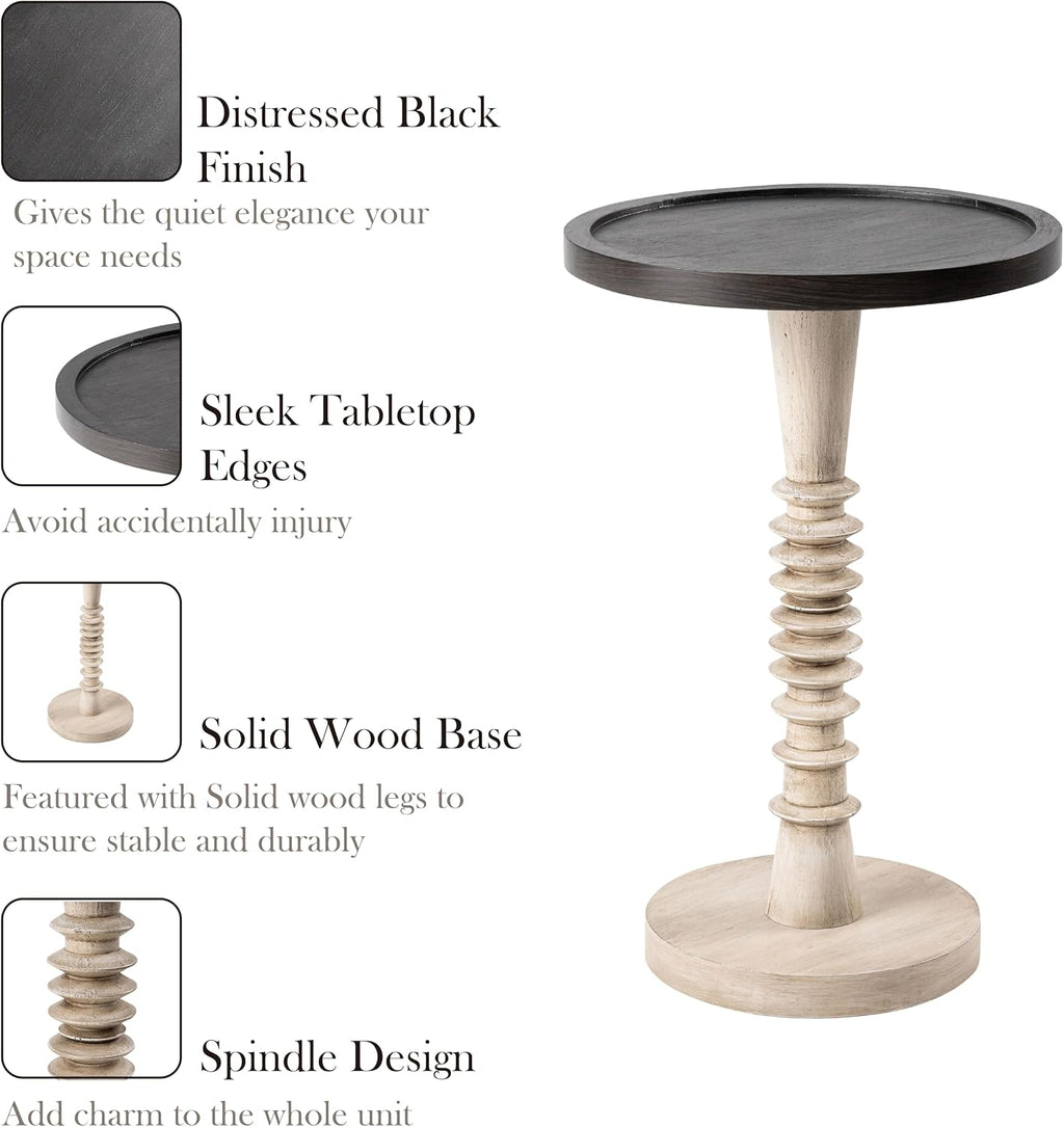 Pedestal Small Drinking Table, Farmhouse Tray Top End Table, Black Top, Distressed Finish, Aging White Frame