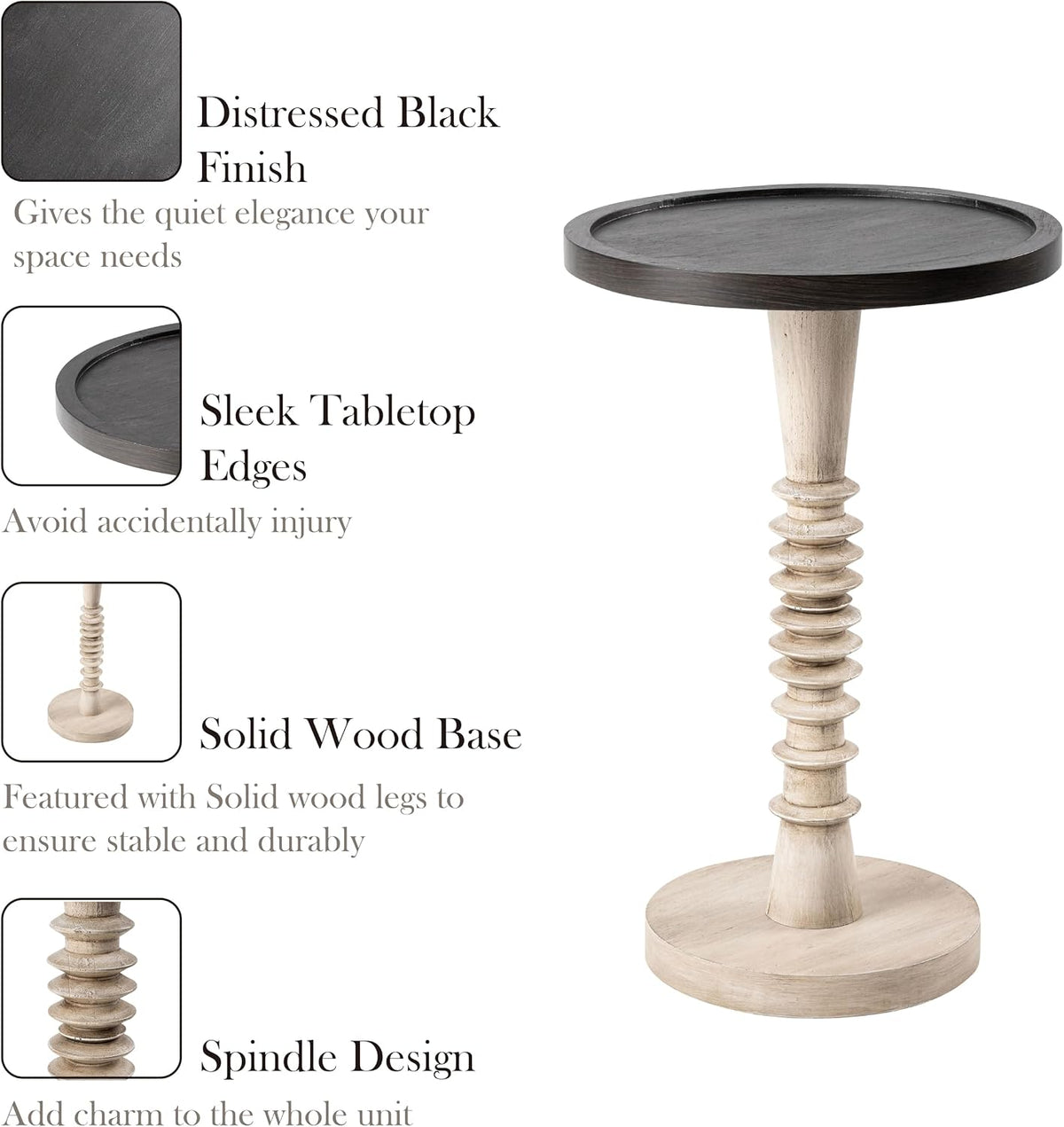Pedestal Small Drinking Table, Farmhouse Tray Top End Table, Black Top, Distressed Finish, Aging White Frame